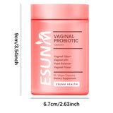 Two bottles of ESUNM vaginal probiotic supplement against a pink background, marketed as recommended by gynecologists for vaginal odor.