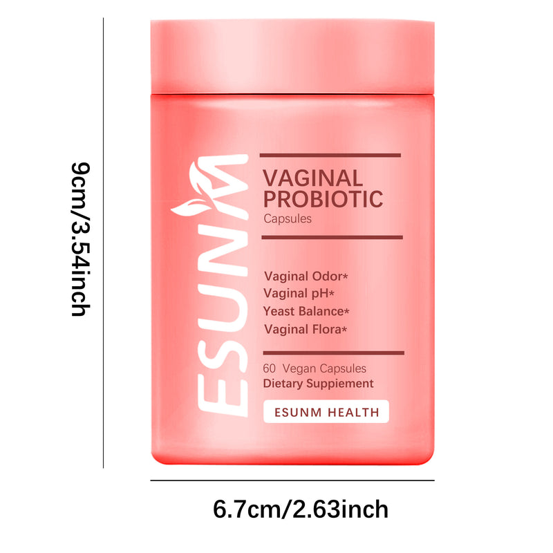 Two bottles of ESUNM vaginal probiotic supplement against a pink background, marketed as recommended by gynecologists for vaginal odor.