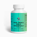A bottle of 'Wonderful' brand Hair, Skin, and Nails Essentials capsules, with the label detailing the product's benefits and dietary supplement information.