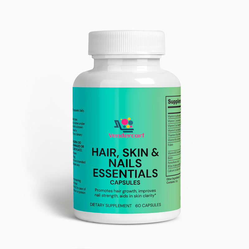 A bottle of 'Wonderful' brand Hair, Skin, and Nails Essentials capsules, with the label detailing the product's benefits and dietary supplement information.