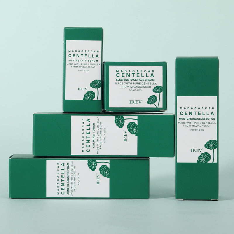 Collection of IREV Madagascar Centella skincare products on a light green background
