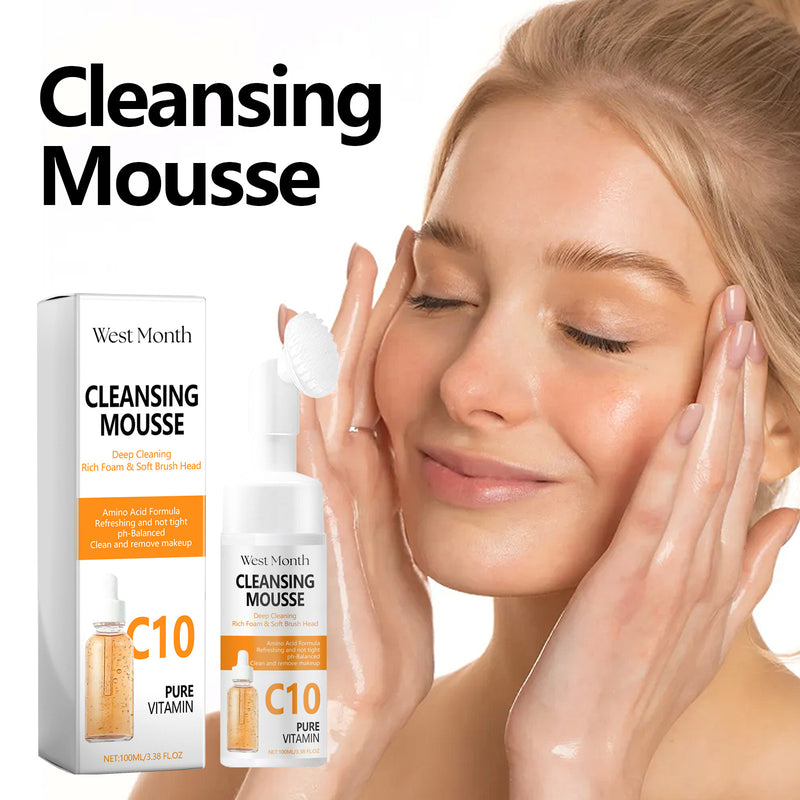 West Month Cleansing Mousse packaging with a woman applying it to her face.