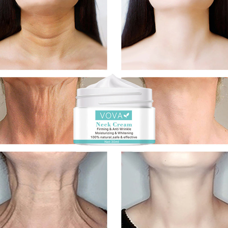 Collage showing before and after effects of neck cream with a Vova neck cream jar in the center.