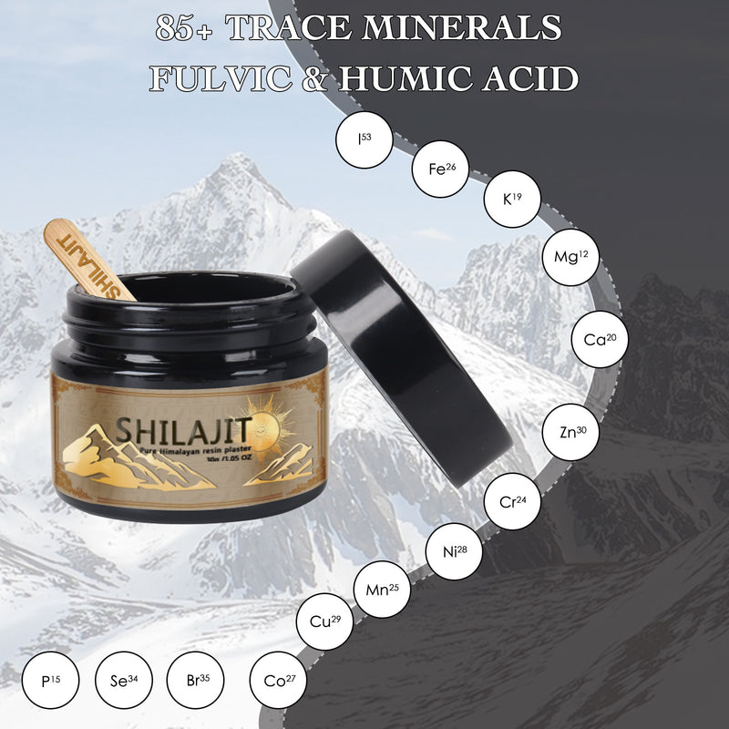 A jar of SHILAJIT resin in front of a mountainous backdrop with a hiker in the distance. The label on the jar indicates the product is a 'Purifying Himalayan resin gift' and provides additional details about the product.