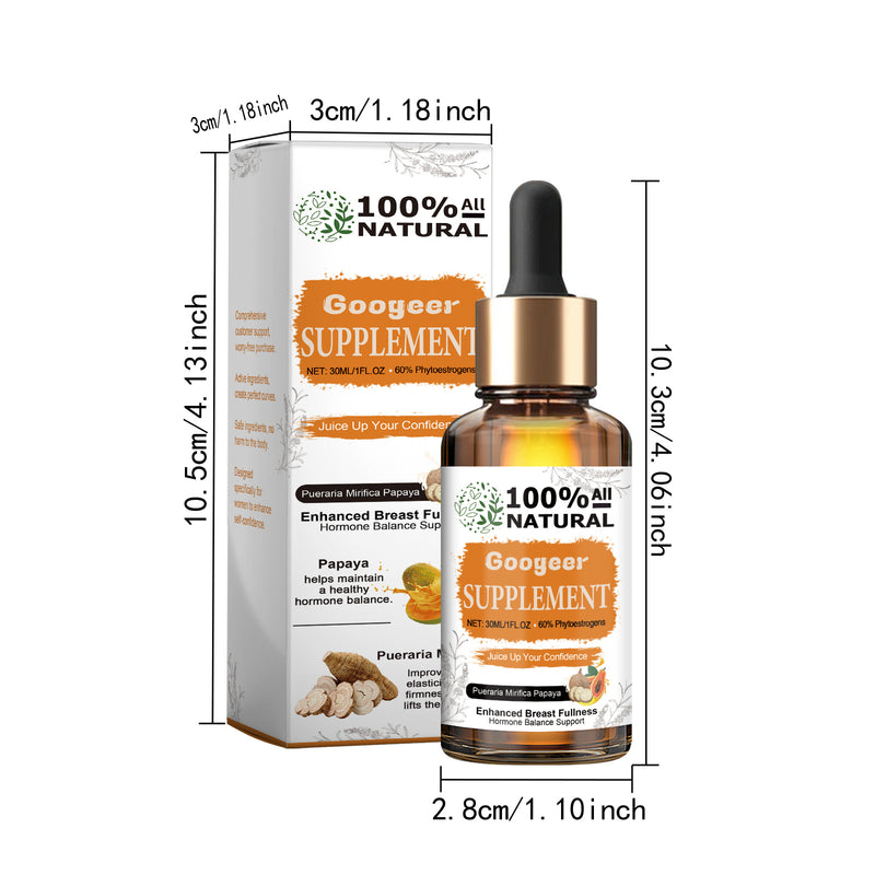 The image features a box and bottle of Googear Papaya Supplement, with a smiling woman wearing a white bra. The packaging is predominantly orange and white with an image of papaya fruit and leaves.