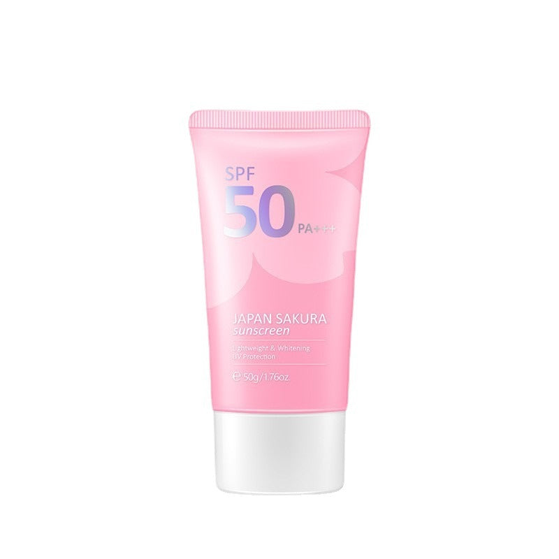 Pink sunscreen tube with SPF 50 on a white background