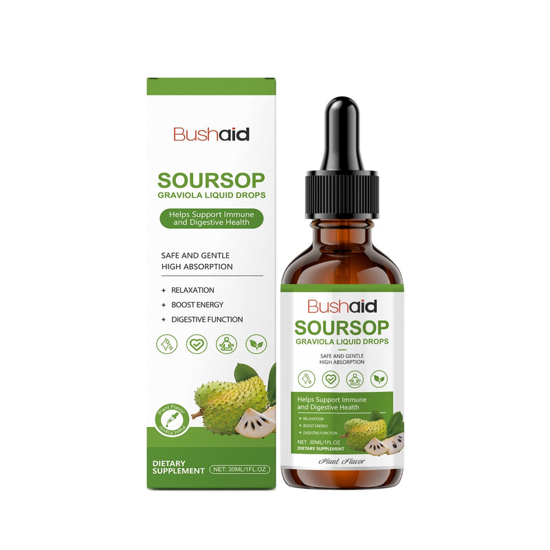 A bottle of Bushaid Magnesium Supplement Drops with a dropper, next to its packaging box featuring an image of a pineapple and slices of orange.