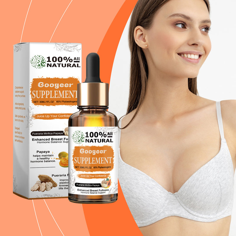 The image features a box and bottle of Googear Papaya Supplement, with a smiling woman wearing a white bra. The packaging is predominantly orange and white with an image of papaya fruit and leaves.