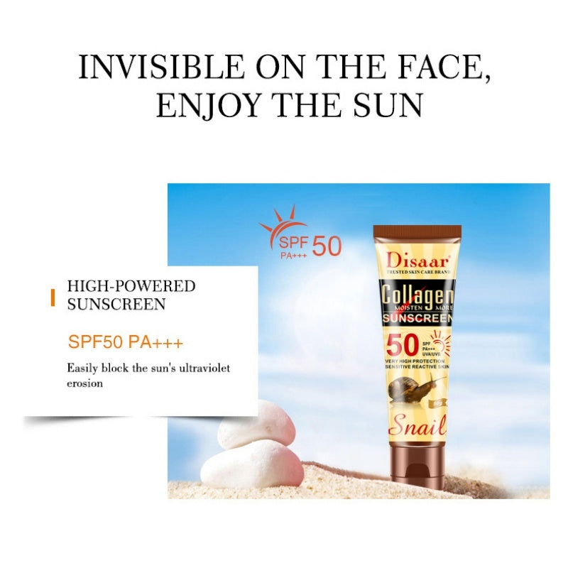 Sunscreen tube with packaging on a beach background, featuring SPF 50+
