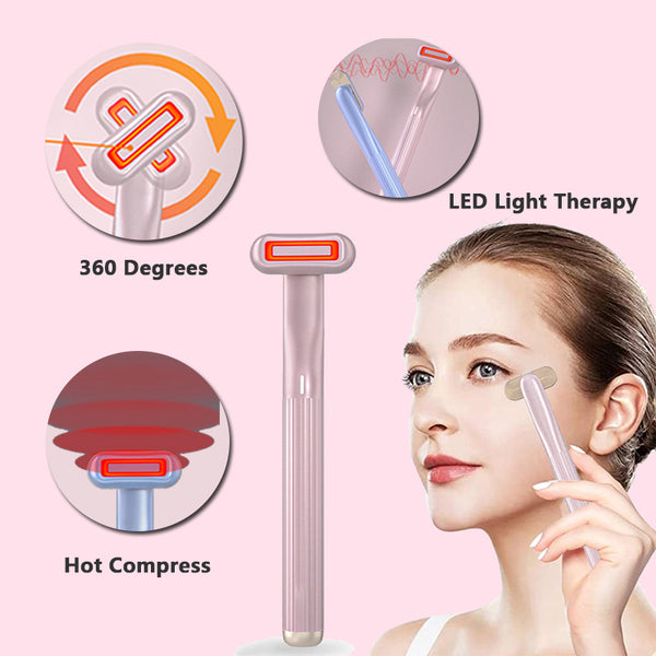 Facial roller with LED light therapy and hot compress functions, used by a woman on her face.