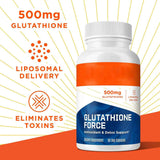 A bottle of Glutathione Force dietary supplement with 500mg of glutathione, marketed for antioxidant and detox support.