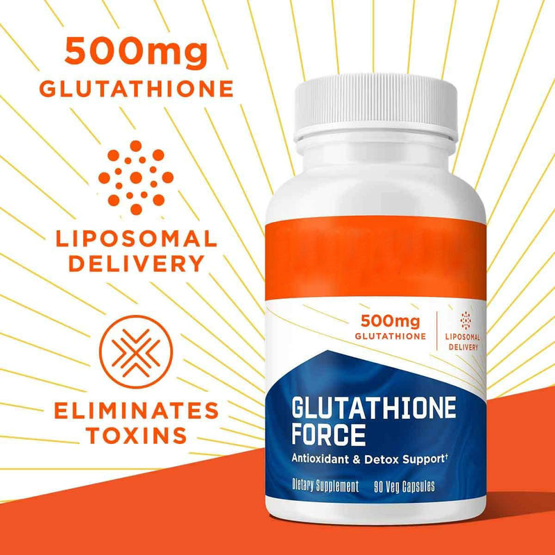 A bottle of Glutathione Force dietary supplement with 500mg of glutathione, marketed for antioxidant and detox support.