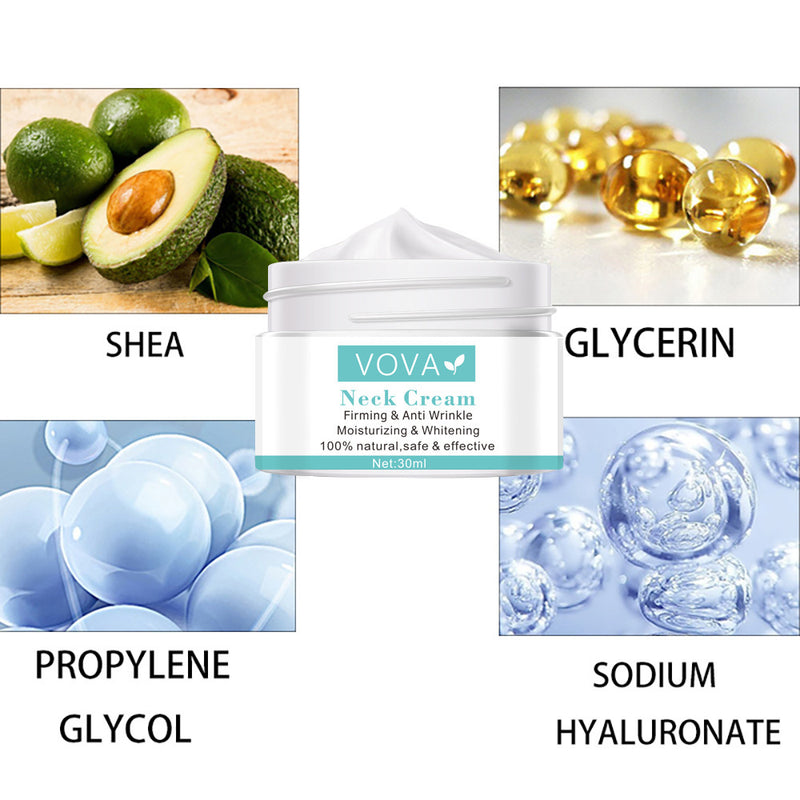 Vova neck cream with ingredients labeled as shea, glycerin, propylene glycol, and sodium hyaluronate.