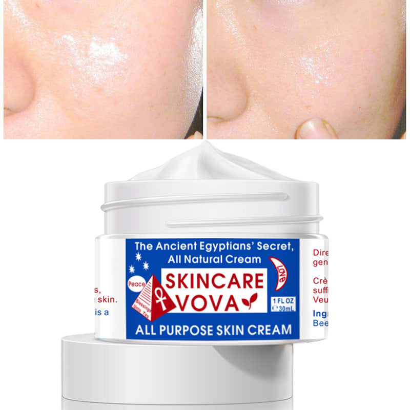 Skincare UVova all-purpose skin cream jar with before and after application on skin.