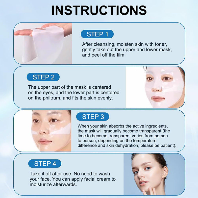 Step-by-step guide on using a facial mask with images and text instructions.