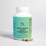 A bottle of 'Wonderful' brand Hair, Skin, and Nails Essentials capsules, with the label detailing the product's benefits and dietary supplement information.