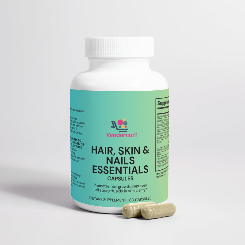 A bottle of 'Wonderful' brand Hair, Skin, and Nails Essentials capsules, with the label detailing the product's benefits and dietary supplement information.