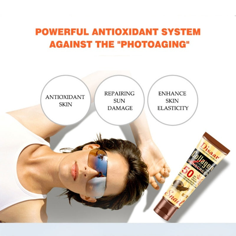 Woman applying sunscreen with text about an antioxidant system against photoaging, and a tube of sunscreen on a white background.