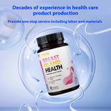 A bottle of 'VitalGlow Breast Health' supplement with a label showing a pink ribbon, indicating it is a product for breast health. The background is blue with a graphic of a cell and the text 'Decades of experience in health care product production' along with a promise of one-stop service.