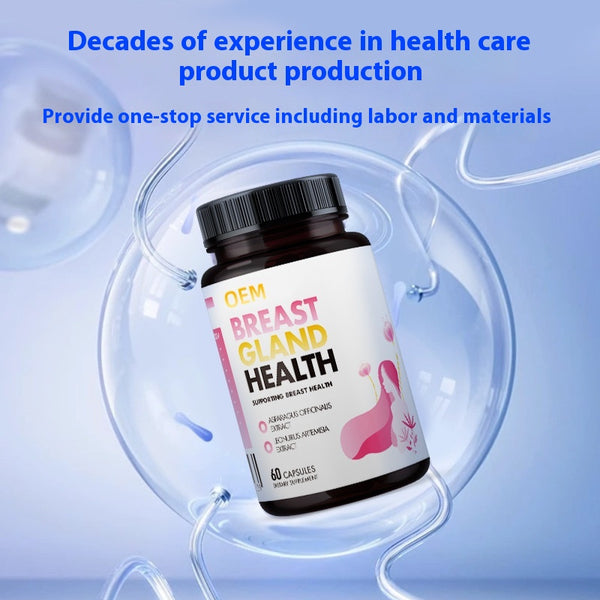 A bottle of 'VitalGlow Breast Health' supplement with a label showing a pink ribbon, indicating it is a product for breast health. The background is blue with a graphic of a cell and the text 'Decades of experience in health care product production' along with a promise of one-stop service.