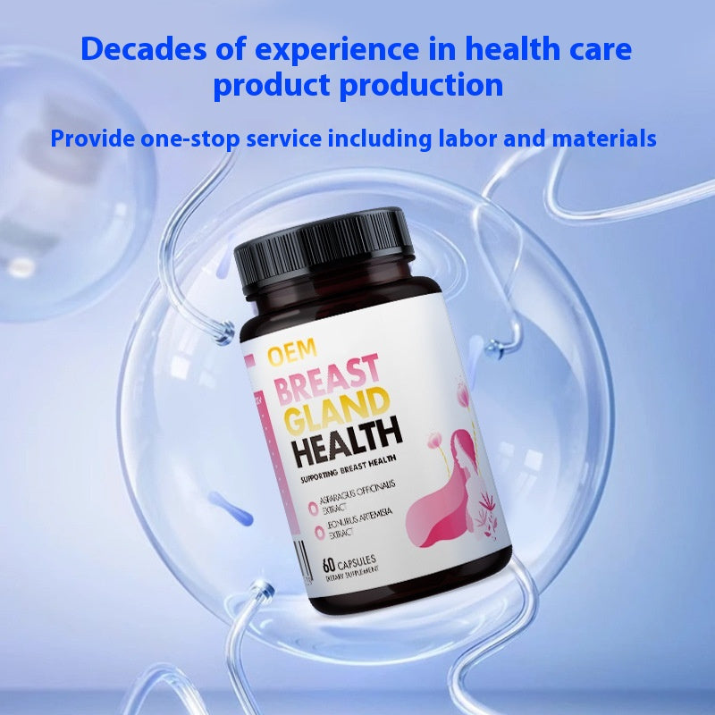 A bottle of 'VitalGlow Breast Health' supplement with a label showing a pink ribbon, indicating it is a product for breast health. The background is blue with a graphic of a cell and the text 'Decades of experience in health care product production' along with a promise of one-stop service.