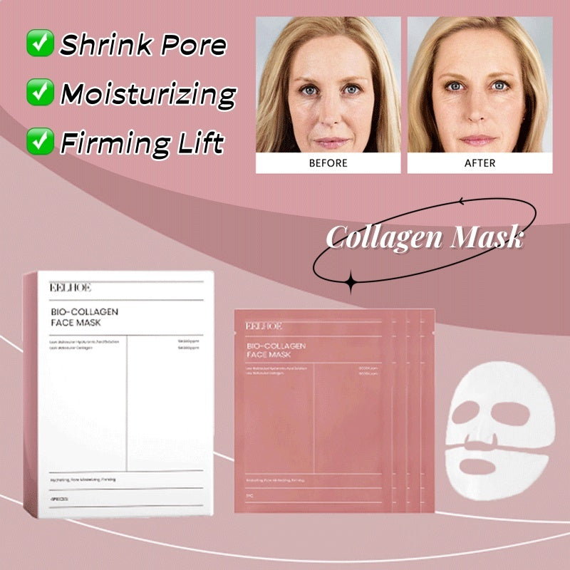 Collagen mask packaging with before and after effects on a pink background
