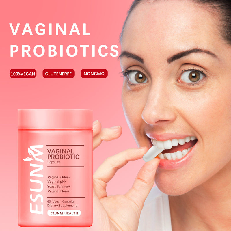 Two bottles of ESUNM vaginal probiotic supplement against a pink background, marketed as recommended by gynecologists for vaginal odor.