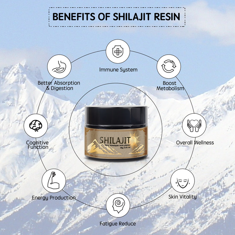 A jar of SHILAJIT resin in front of a mountainous backdrop with a hiker in the distance. The label on the jar indicates the product is a 'Purifying Himalayan resin gift' and provides additional details about the product.