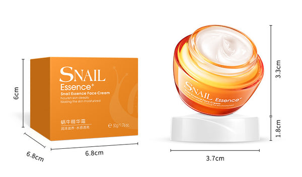 Snail essence face cream with packaging and dimensions on a white background