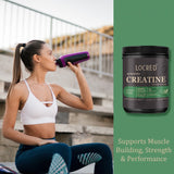 A container of LOCRED Creatine Monohydrate, marketed as 100% Pure Creatine, is displayed next to a woman lifting weights at the gym, highlighting the product's use for enhancing strength and performance in fitness.