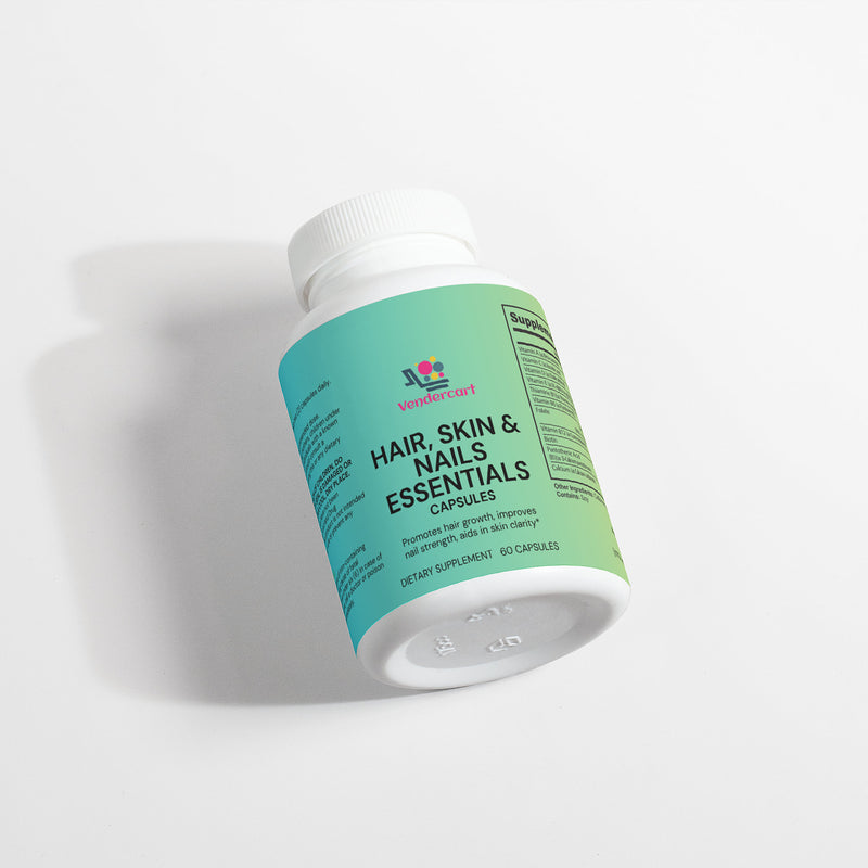 A bottle of 'Wonderful' brand Hair, Skin, and Nails Essentials capsules, with the label detailing the product's benefits and dietary supplement information.