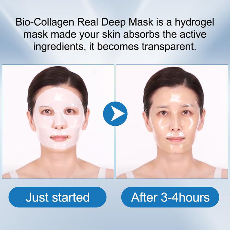 Before and after effect of a Bio-Collagen Real Deep Mask on a person's face.