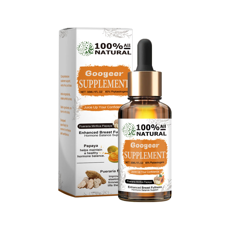 The image features a box and bottle of Googear Papaya Supplement, with a smiling woman wearing a white bra. The packaging is predominantly orange and white with an image of papaya fruit and leaves.