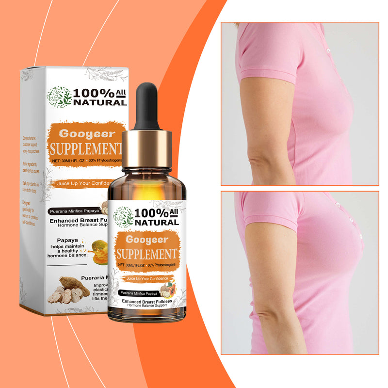 The image features a box and bottle of Googear Papaya Supplement, with a smiling woman wearing a white bra. The packaging is predominantly orange and white with an image of papaya fruit and leaves.