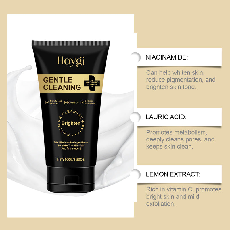 Hoygi Gentle Cleansing Cream with ingredients listed on a beige background