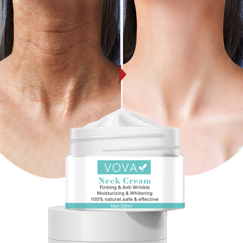 VOVA Neck Cream jar with a before-and-after comparison of neck skin texture.