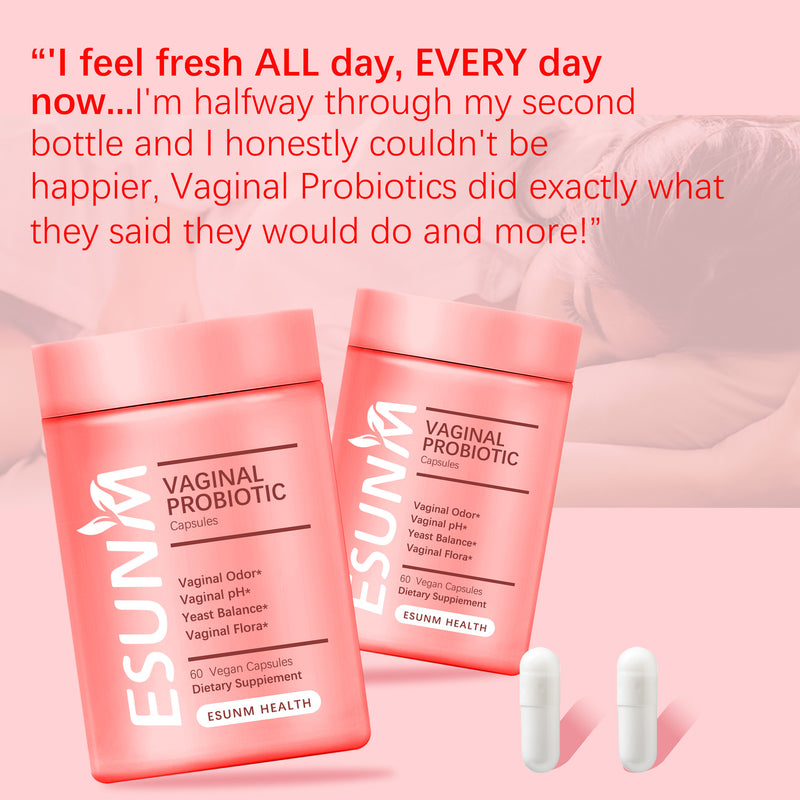 Two bottles of ESUNM vaginal probiotic supplement against a pink background, marketed as recommended by gynecologists for vaginal odor.