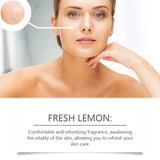 Woman with clear skin and text about 'Fresh Lemon' fragrance