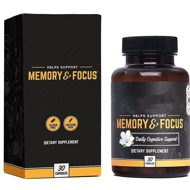 The image shows a product packaging for a dietary supplement called Memory & Focus. The package includes a black and yellow box and a bottle with a dark cap, both displaying the product name and the number of capsules (30).