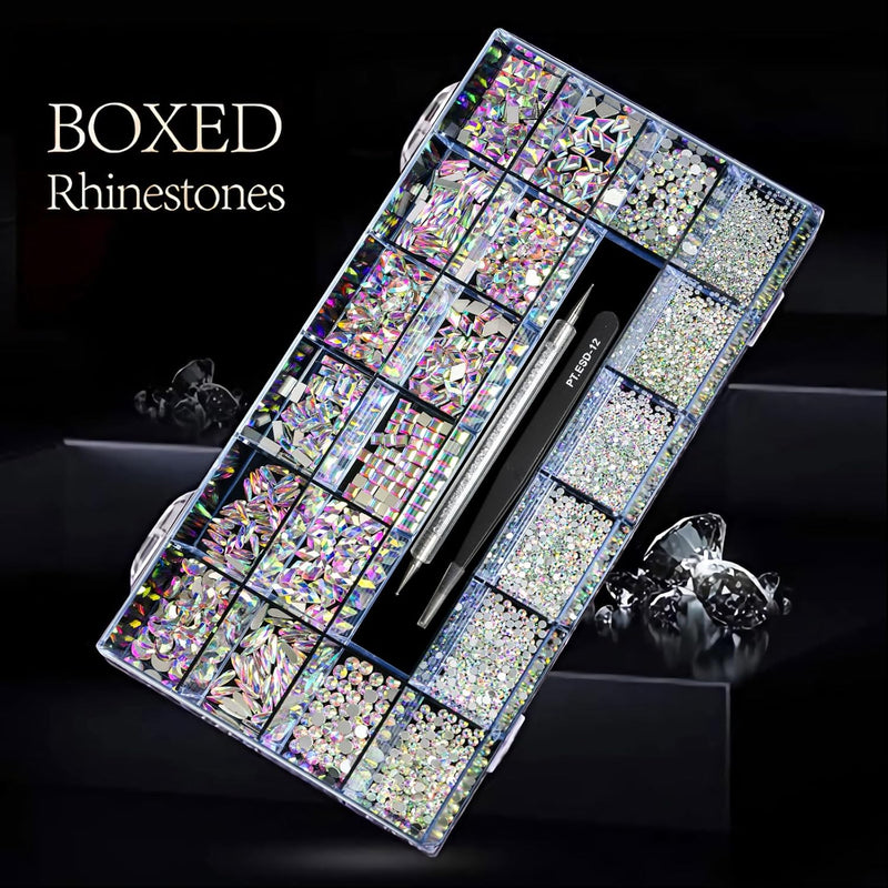 12 Types of 600 Crystal AB Diamonds + 2500 Flat Rhinestones Mix 20 Styles Flatback DIY Crafts Rhinestone Crystals 3D Ornament‌S Flat Back Stones Set +Tweezers + Drill Pen