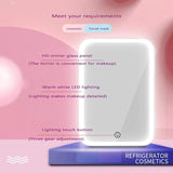 Makeup mirror with LED lighting on a pink background, featuring Refrigerator Cosmetics branding.