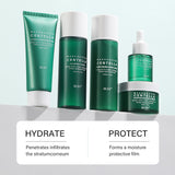 Set of IREV skincare products with green and white packaging on a light gray background.