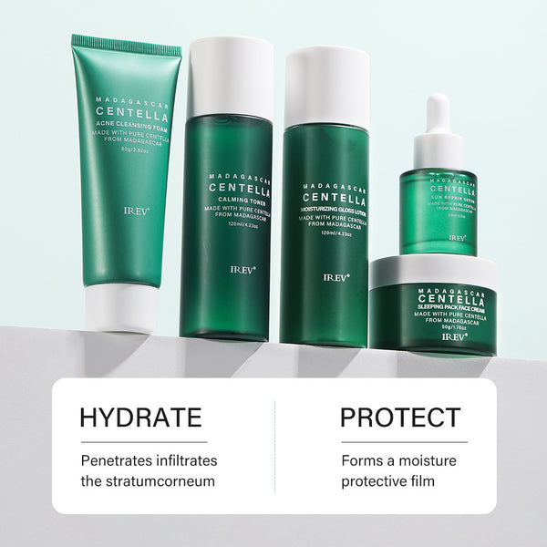 Set of IREV skincare products with green and white packaging on a light gray background.