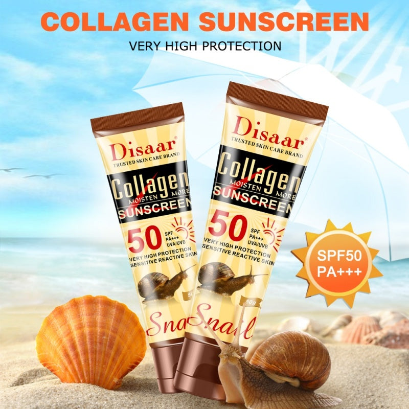 Two tubes of Disaar Collagen Sunscreen with snail shell and beach background