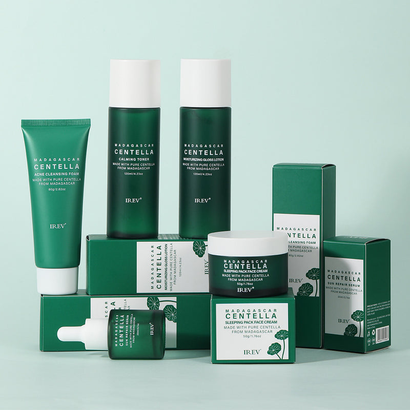 Collection of IREV Centella skincare products on a light green background