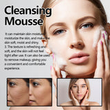 Woman applying cleansing mousse to her face with product description text.