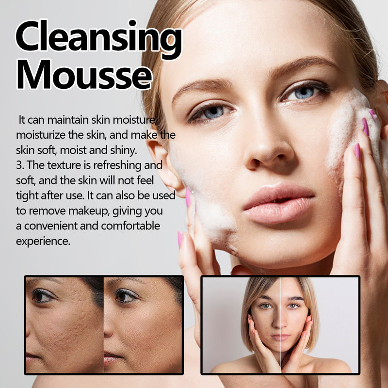 Woman applying cleansing mousse to her face with product description text.