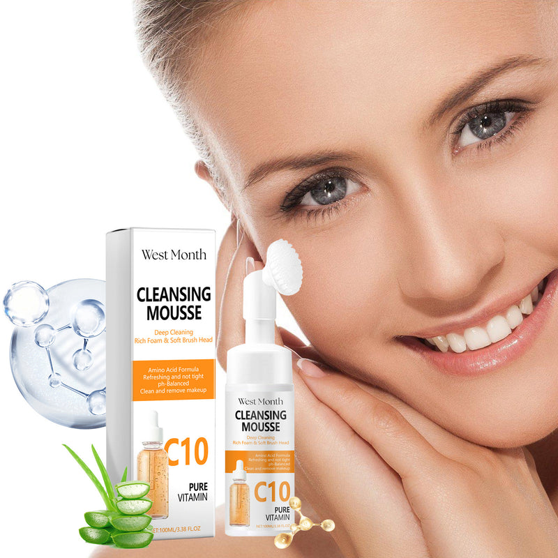 West Month Cleansing Mousse C10 product with a woman's face and packaging on a white background