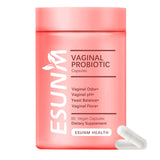 Two bottles of ESUNM vaginal probiotic supplement against a pink background, marketed as recommended by gynecologists for vaginal odor.