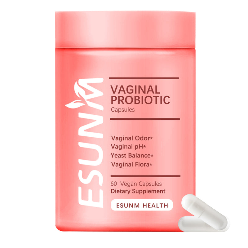 Two bottles of ESUNM vaginal probiotic supplement against a pink background, marketed as recommended by gynecologists for vaginal odor.